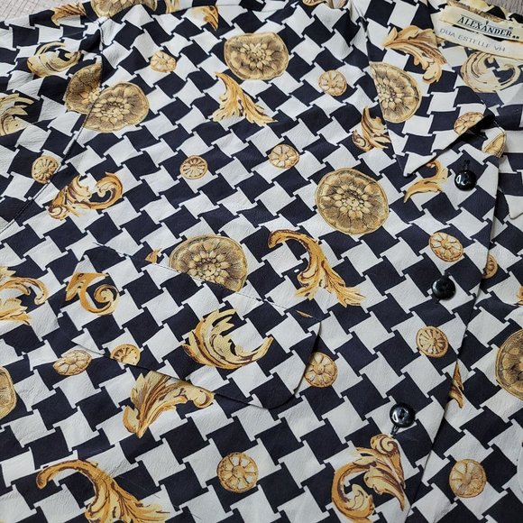 vintage Alexander silk checkered gold ornate long sleeve button up shirt size 48 - Picture 4 of 6